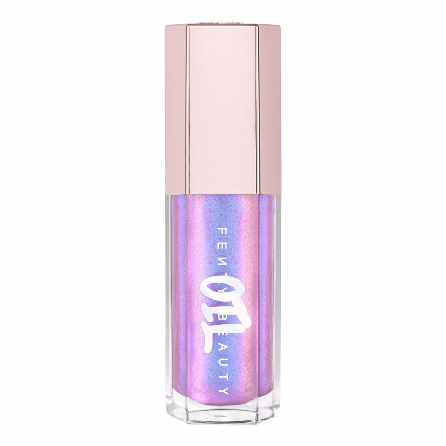 a clear bottle filled with irridescent lilac lipgloss, with a metalic lid.