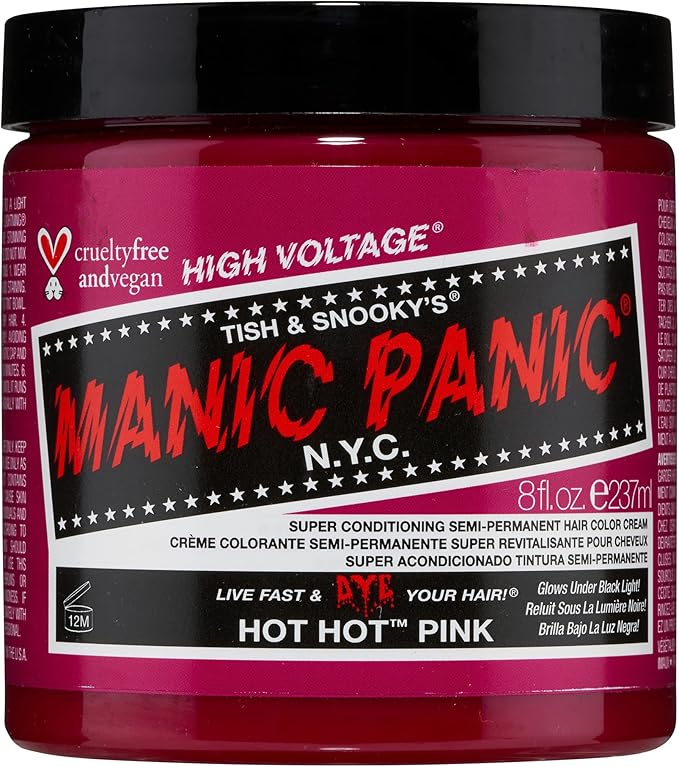 a bright pink jar with a black lid