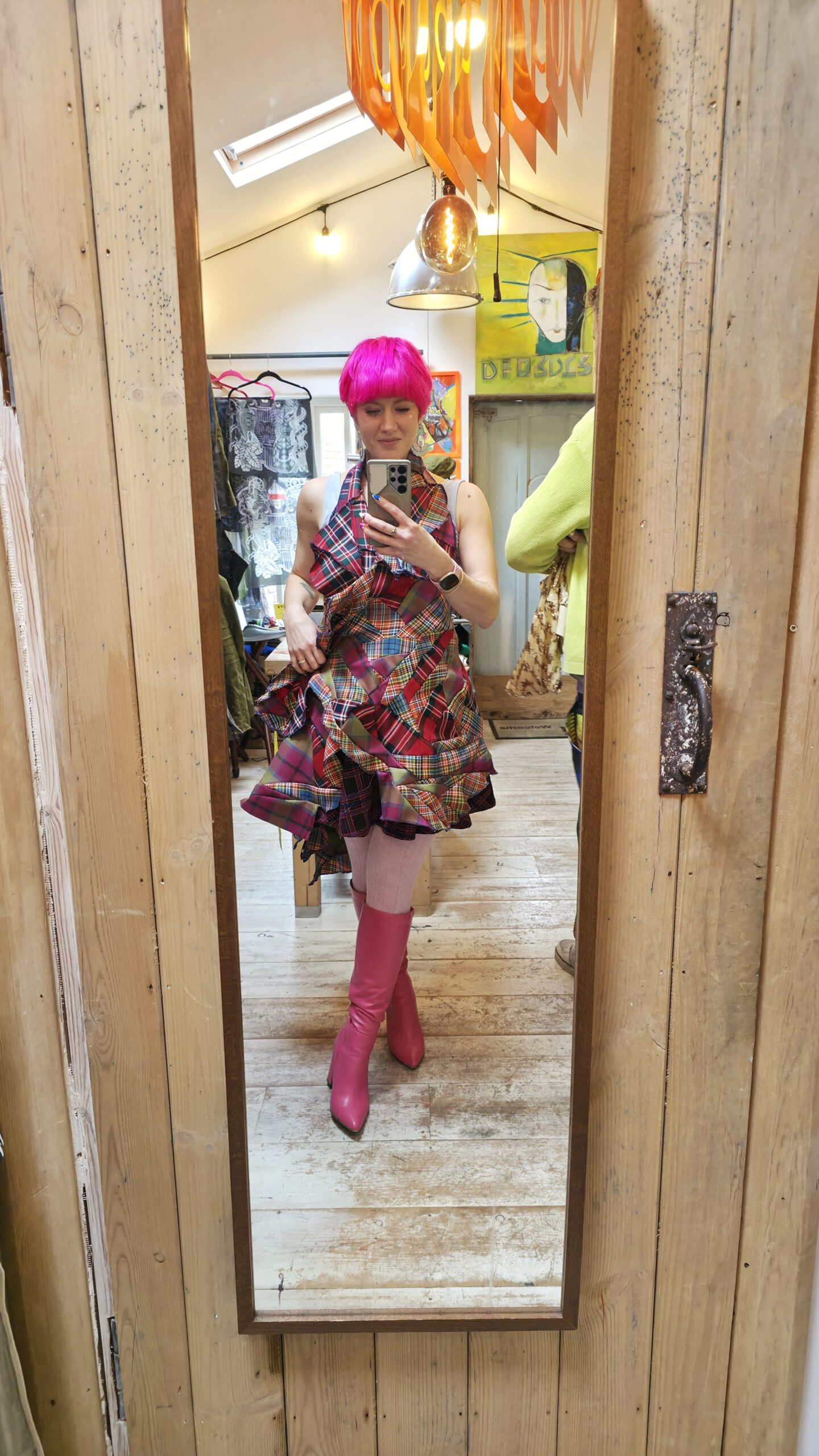 Adeline wearing the tartan patchwork dress